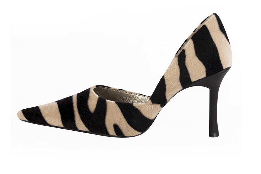Safari black women's open arch dress pumps. Pointed toe. Very high slim heel. Profile view - Florence KOOIJMAN